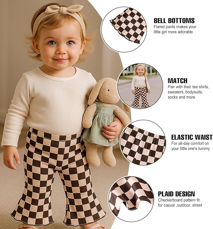 SOBOWO Checkered Baby Girl Flare Pants 3 Pack Toddler Bell Bottoms Plaid Ruffle - Image 2