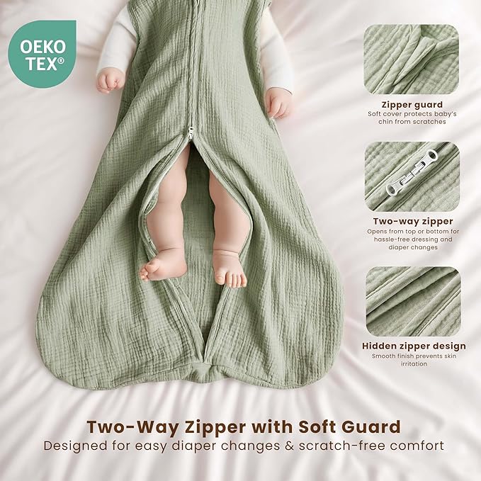 Konssy Muslin Baby Sleep Sack 0-6 Months 0.8 TOG, 2 Pack 100% Cotton Wearable - Image 2