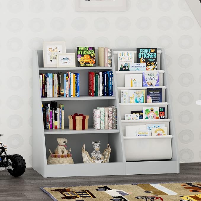 Gray 4 Tier Kids Wooden Bookshelf, Five Layer Sling Toddler Front Facing - Image 2