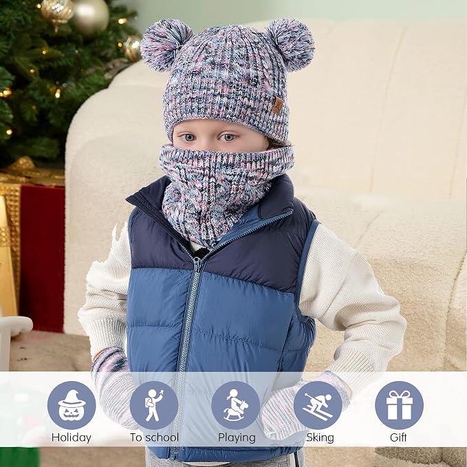 Kids Toddlers Winter Beanie Hats Gloves Neck Scarf Set Mittens Gifts - Image 6