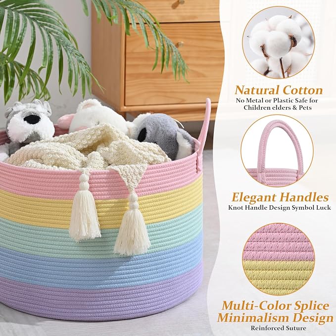 67L Rainbow Storage Basket for Organizing, Cotton Rope Woven Blanket Basket - Image 6