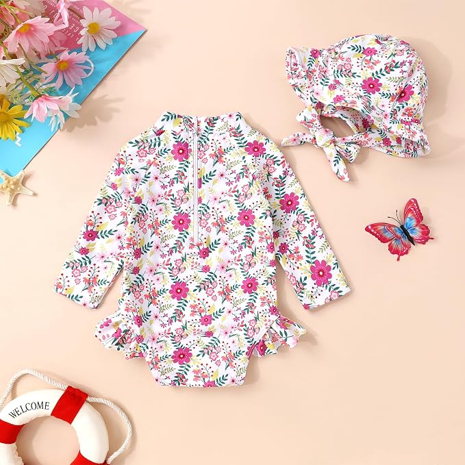 Infant Baby Girl Swimsuit One-Piece Long Sleeve Rash Guard - Image 3
