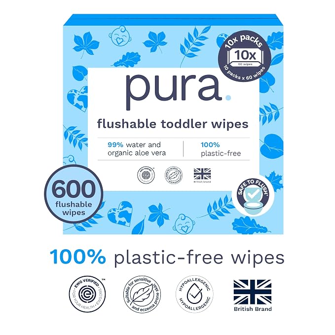 Pura Flushable Toddler Wipes 10 x 60 Wipes, 100% Plastic Free, 99% Water - Image 2
