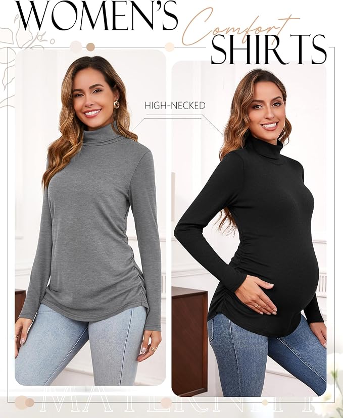 Ficerd 3 Pack Women's Maternity Shirts, Turtleneck Long Sleeve Pregnancy Tops - Image 2
