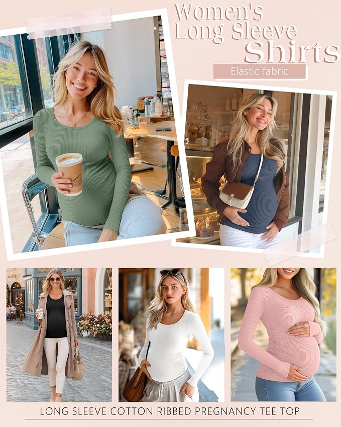 Riyiper 4 Pack Women's Maternity Shirts, Long Sleeve Cotton Ribbed Pregnancy - Image 2