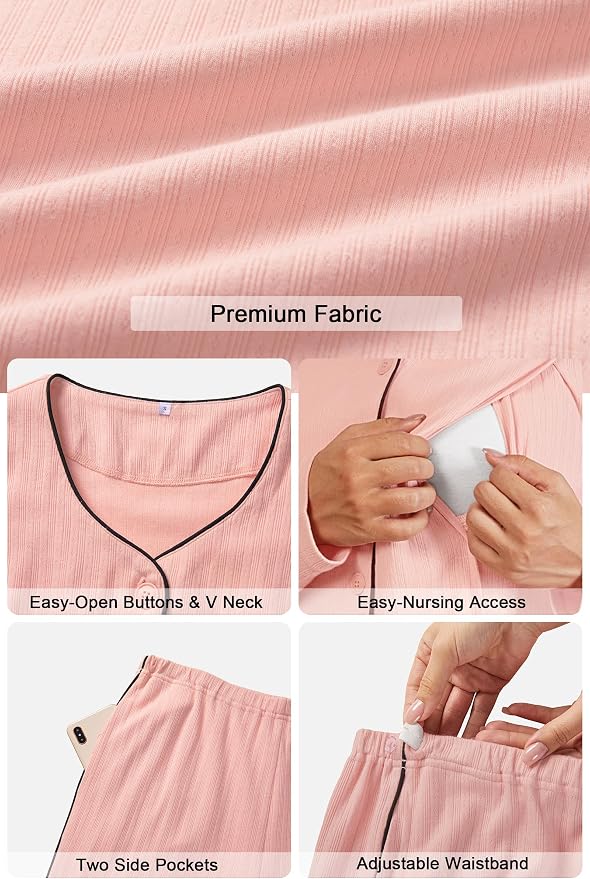 OUGES 100% Cotton Women's Maternity Nursing Pajamas Sets Button Down - Image 6