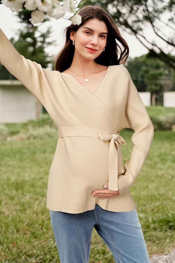 OUGES Womens Soft Cotton Blend Maternity Sweater Wrap V Neck Long Sleeve V Back - Image 4