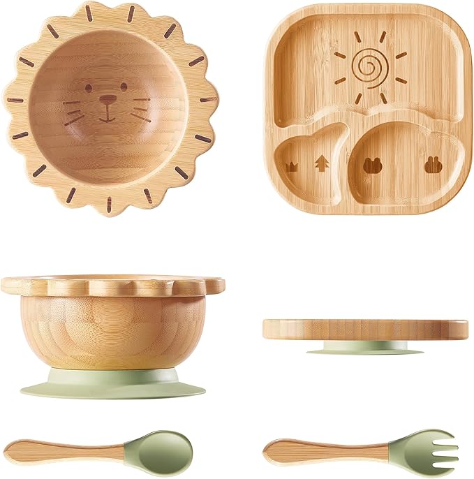 Suction Plates Bowls Set for Baby Toddler Non-Toxic Bamboo Feeding Set by BABY+REMEMBER