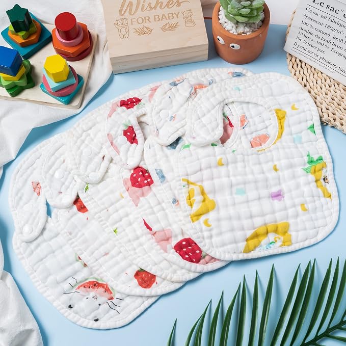 Zainpe 6Pcs Snap Muslin Cotton Baby Bibs Strawberry Lemon Avocado Pattern - Image 4