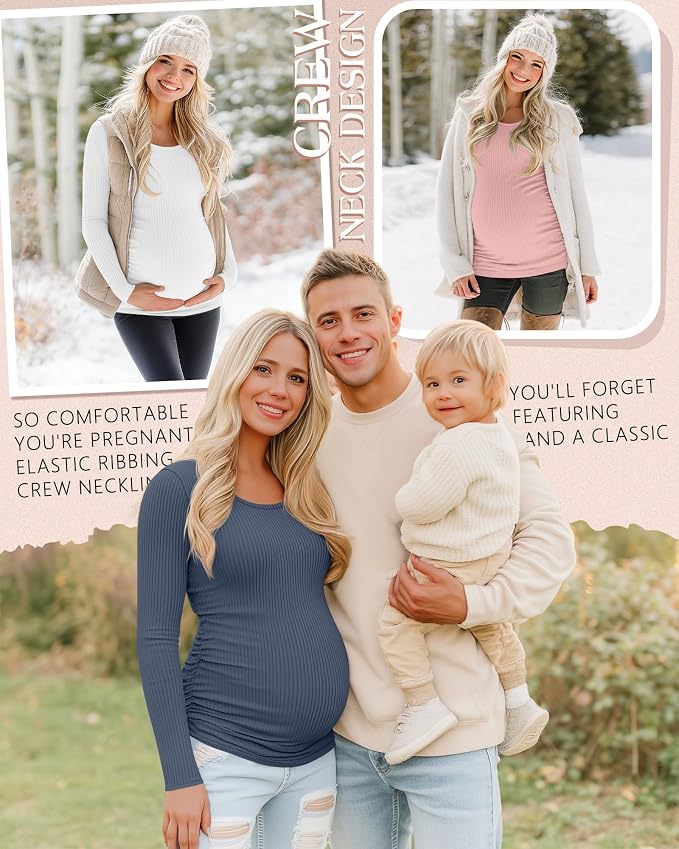 Riyiper 4 Pack Women's Maternity Shirts, Long Sleeve Cotton Ribbed Pregnancy - Image 4