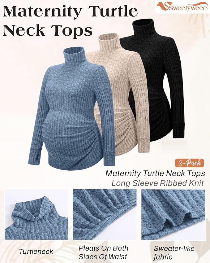 3 Pack Maternity T-Shirts Pregnancy Tops Women Sweater Long Sleeve Turtleneck - Image 3
