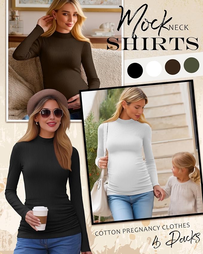 4 Packs Womens Maternity Shirts Long Sleeve Cotton Ribbed Pregnancy Mock Neck - Image 3
