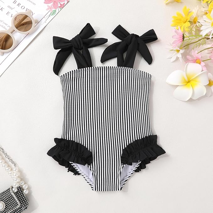 Happy Town Toddler Swimsuit Girl Solid Color Stripe One-Piece Baby Bathing Suits - Image 2
