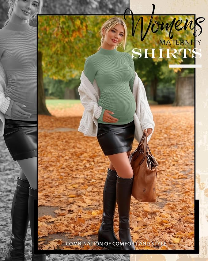 4 Packs Womens Maternity Shirts Long Sleeve Cotton Ribbed Pregnancy Mock Neck - Image 2