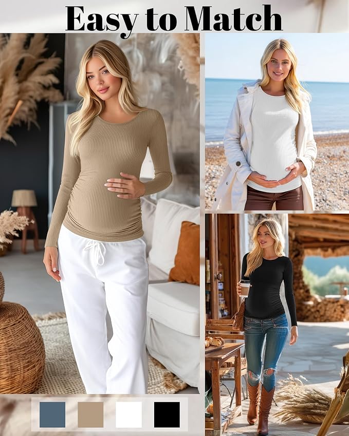 Huukeay 4 Pack Women's Maternity Shirts, Long Sleeve Cotton Ribbed Pregnancy - Image 4