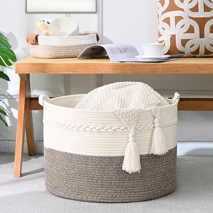 67L Large Blanket Basket, Cotton Rope Blanket Basket Living Room, Baby Laundry - Image 4
