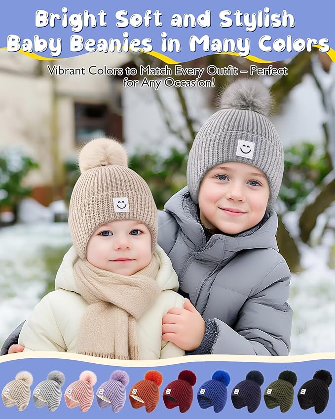 3 Pack Baby Winter Hats with Earflaps, 2 Size Kids Pom Pom Beanie - Image 6