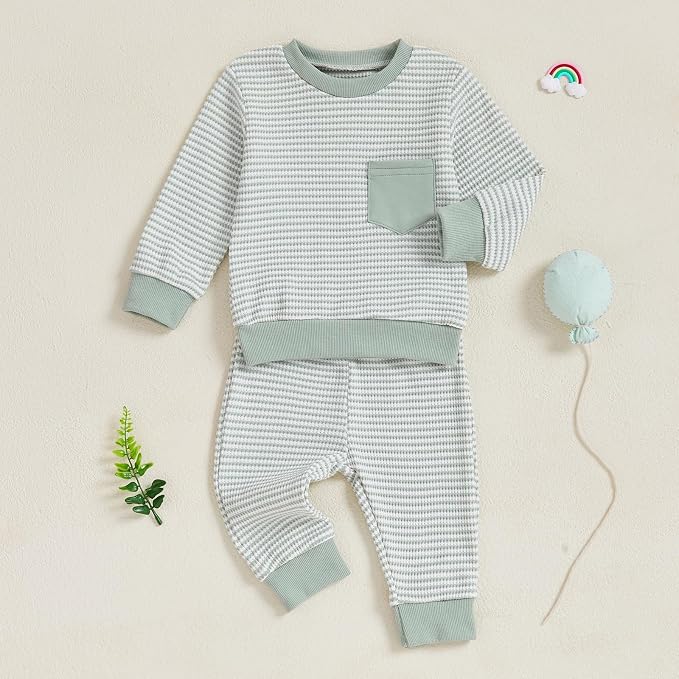 Toddler Baby Boy Fall Clothes Waffle Outfit Long Sleeve Color Blocking - Image 6