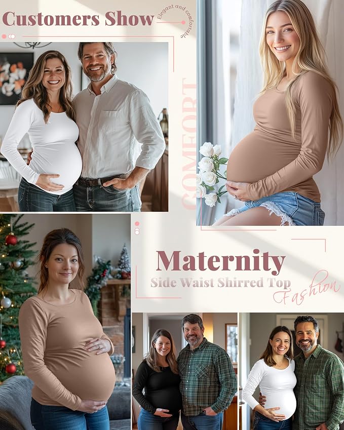 Ficerd 3 Pack Women's Maternity Shirts, Long Sleeve Side Ruched Pregnancy Tee - Image 2