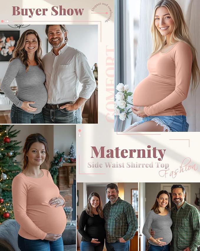 Ficerd 3 Pack Women's Maternity Shirts, Long Sleeve Side Ruched Pregnancy Tee - Image 2
