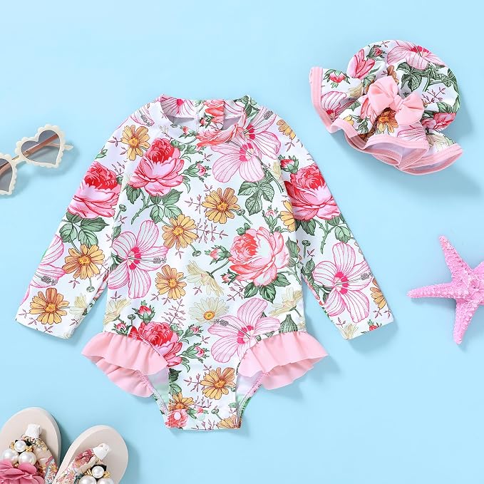 Infant Baby Girl Swimsuit One-Piece Long Sleeve Rash Guard - Image 2