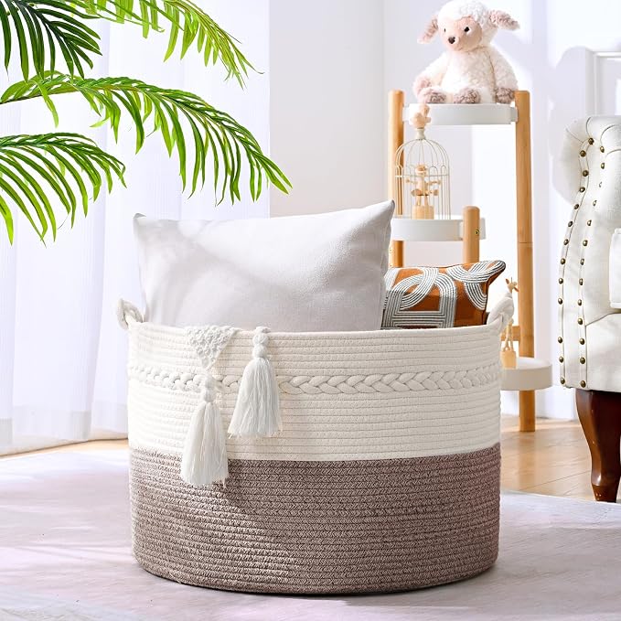 67L Large Blanket Basket, Cotton Rope Blanket Basket Living Room, Baby Laundry - Image 3