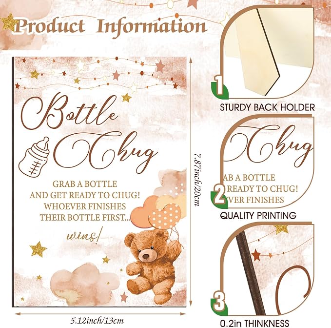 Bear Cool Baby Shower Games Bottle Chug Sign Wooden Brown Theme Gift Sets - Image 3