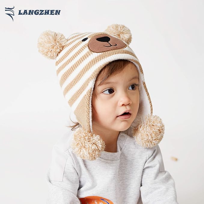 LANGZHEN Toddler Kids Infant Winter Hat, Earflap Knit Warm Cap Fleece Lined - Image 3