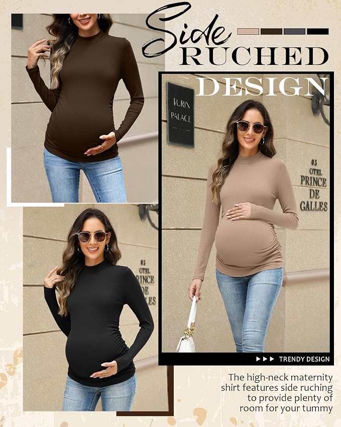 4 Packs Womens Maternity Shirts Long Sleeve Cotton Ribbed Pregnancy Mock Neck - Image 5