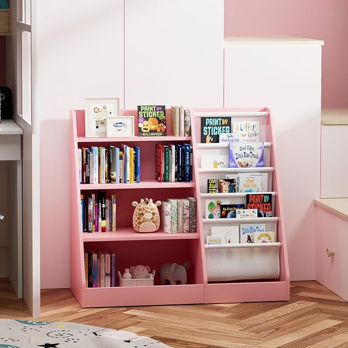 Pink 4-Tier Kids Wooden Bookshelf, 5 Layer Sling Bookcase, Baby Storage Book - Image 6