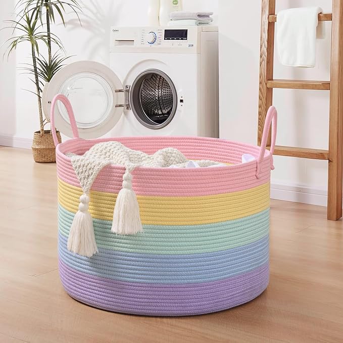 67L Rainbow Storage Basket for Organizing, Cotton Rope Woven Blanket Basket - Image 5