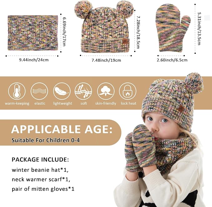 Kids Toddlers Winter Beanie Hats Gloves Neck Scarf Set Mittens Gifts - Image 5