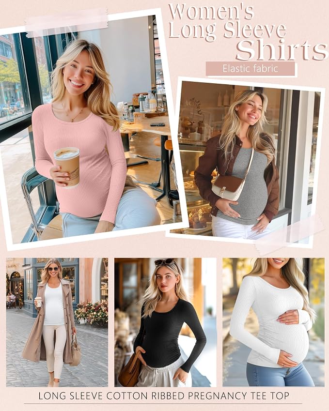 Riyiper 4 Pack Women's Maternity Shirts, Long Sleeve Cotton Ribbed Pregnancy - Image 2