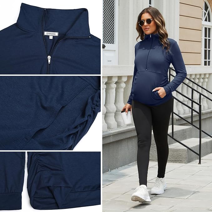 GINKANA Maternity Women's Long Sleeve Shirt Half Zipper Lapel Lightweight - Image 6