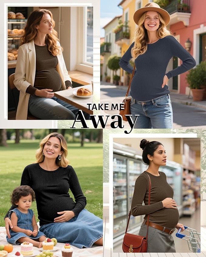 Riyiper 3 Pack Women's Maternity Shirts Long Sleeve Ribbed Knit Pregnancy Tees - Image 5