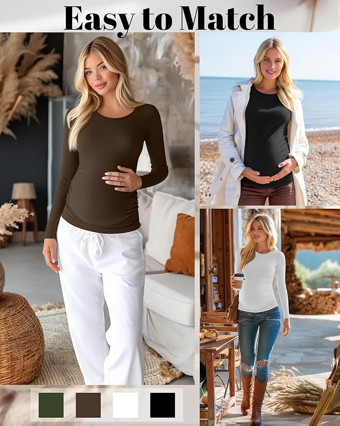 Huukeay 4 Pack Women's Maternity Shirts, Long Sleeve Cotton Ribbed Pregnancy - Image 4