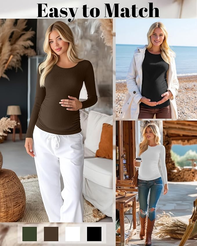 Huukeay 4 Pack Women's Maternity Shirts, Long Sleeve Cotton Ribbed Pregnancy - Image 4