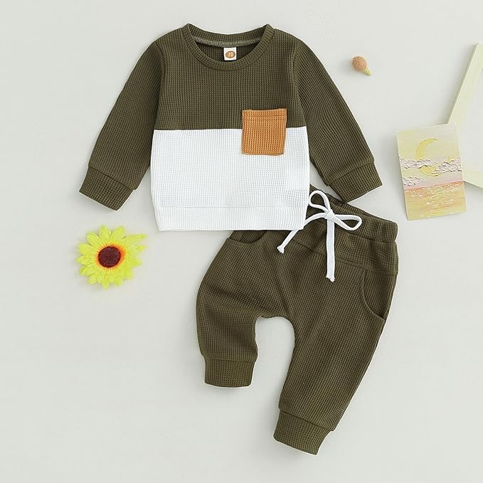Toddler Baby Boy Fall Clothes Waffle Contrast Color Sweatshirt Pants Sets - Image 2