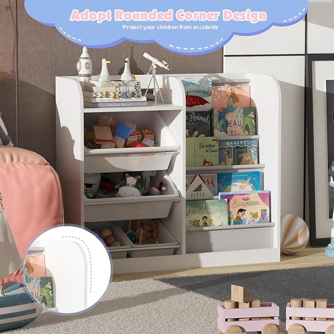 White Kids Wood Bookshelf Toy Storage Box Organizer Shelf W/4 Removable Plastic - Image 6