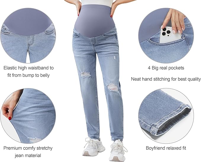 POSHGLAM Women's Maternity Jeans Over Belly Comfy Stretch 28'' Boyfriend Jeans - Image 2