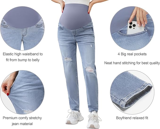 POSHGLAM Women's Maternity Jeans Over Belly Comfy Stretch 28'' Boyfriend Jeans - Image 2