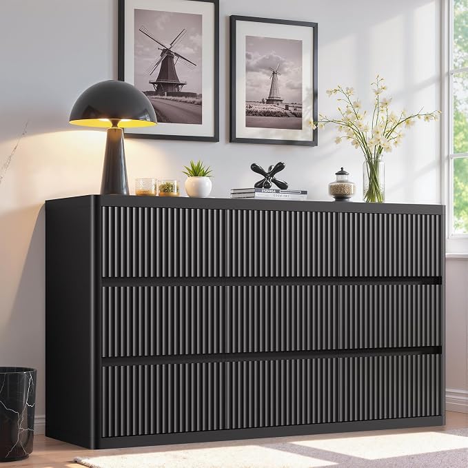 Black 9 Drawers Dressers for Bedroom, Curved Profile, Modern Flute Dresser TV by StandifurnoFurniture