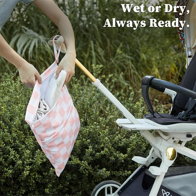 Pink Checkered Waterproof Wet Dy Diaper Bag - Image 4