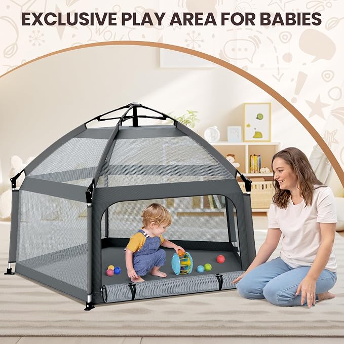 Baby Playpen with Self-Inflating Play Mat & Travel Bag, Portable Outdoor Playpen - Image 4