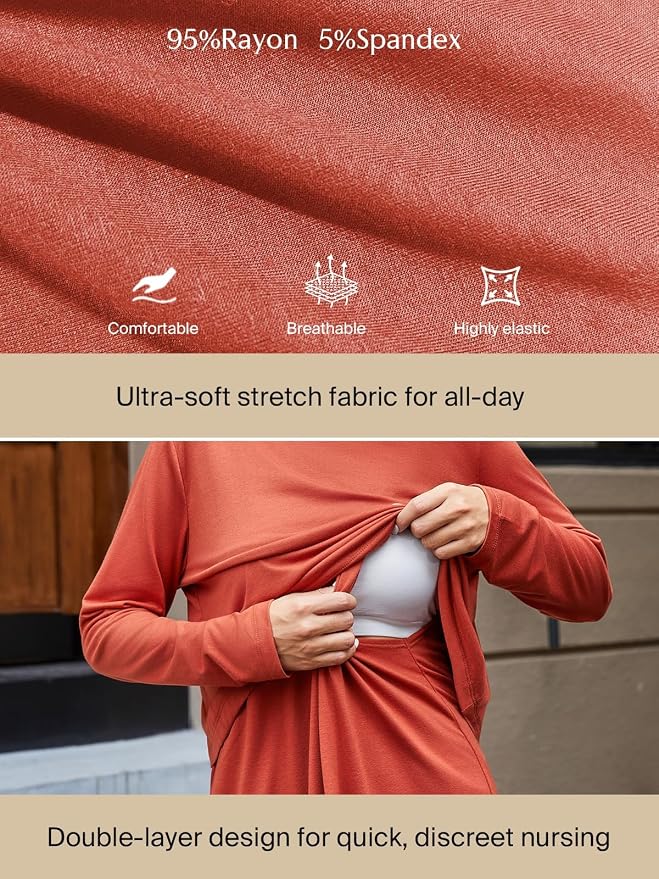 Ecavus Women's 3Pack Maternity Nursing Shirts Long Sleeve Double Layer - Image 3