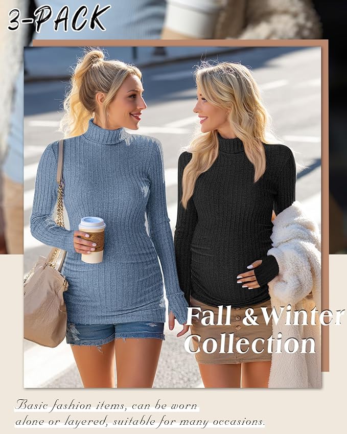 3 Pack Maternity T-Shirts Pregnancy Tops Women Sweater Long Sleeve Turtleneck - Image 5