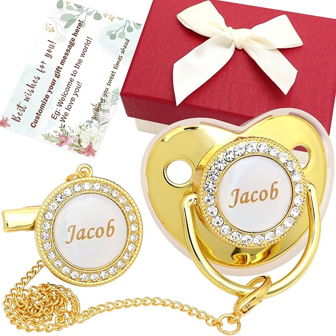 Personalized Pacifier Set with Name, BPA Free, Bling Gold Silver Pink Rose Gold by Ausbay