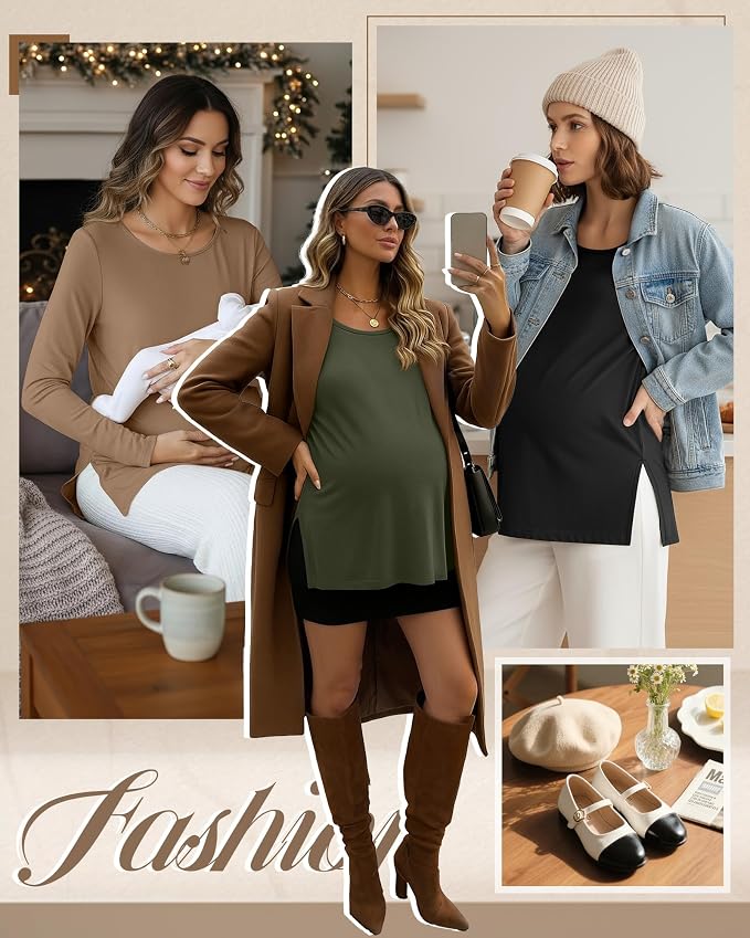 Riyiper 3 Pack Women's Maternity Long Sleeve T-Shirts Round Neck Side Split - Image 2