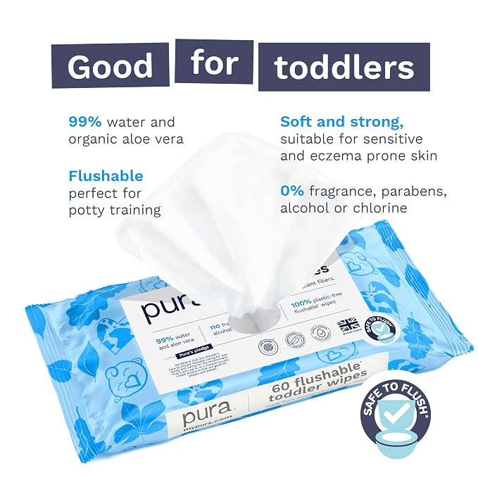 Pura Flushable Toddler Wipes 3 x 60 Wipes, 100% Plastic Free, 99% Water - Image 3