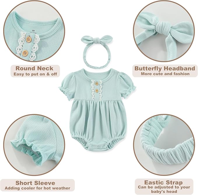 Newborn Baby Girl Clothes Cotton Bubble Romper Floral Short Sleeve Bodysuit 3 - Image 4